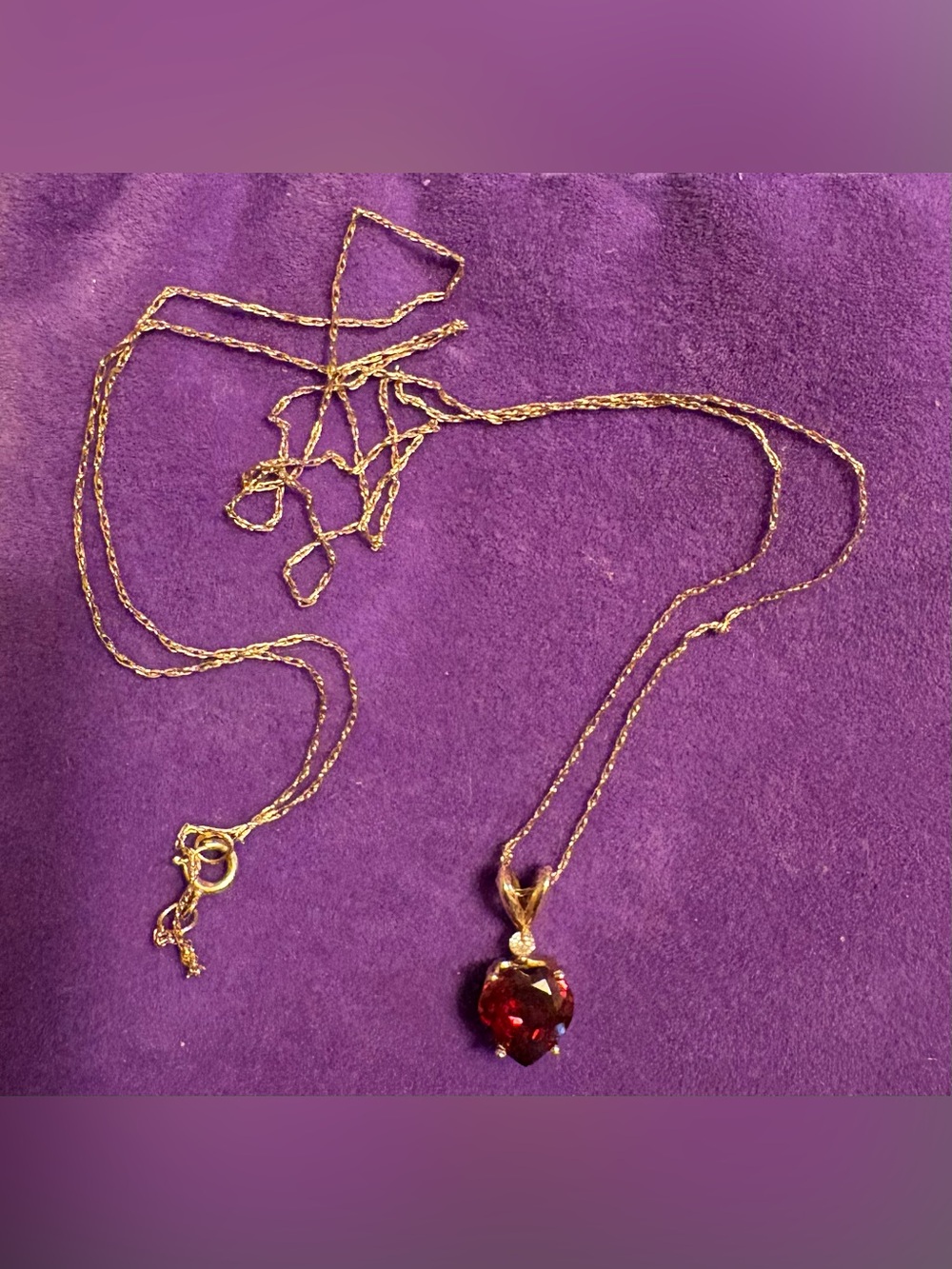Vintage 10K Yellow Gold Heart Red Gemstone Pendant Necklace